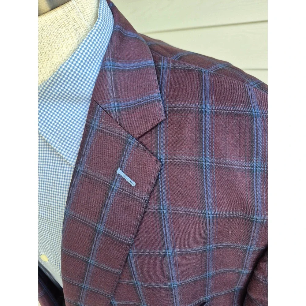 J. Hilburn Burgundy Blue Plaid Wool Sport Coat Blazer Portugal Custom 50 R L‎
